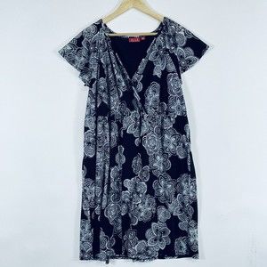 Elle‎ Black White Floral Wrap Front Chiffon Lined Short Sleeve Dress Womens 2X